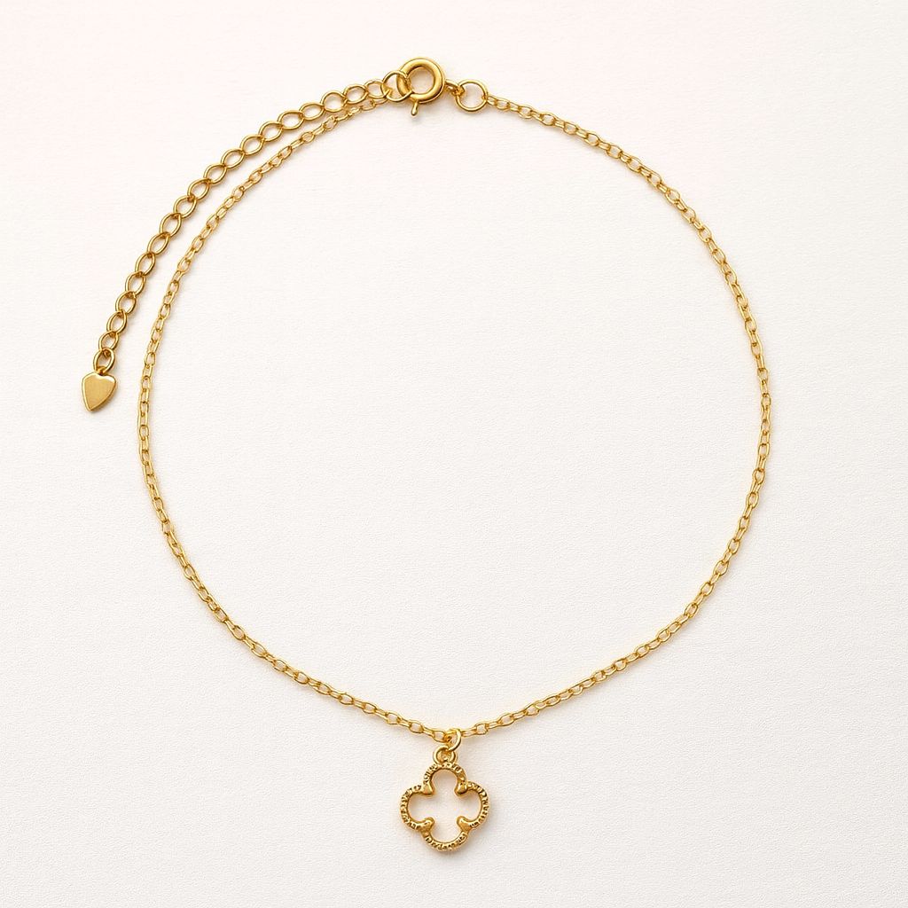 Tornozeleira Trevo Cristal 22cm + 5cm Banhado a Ouro 18k