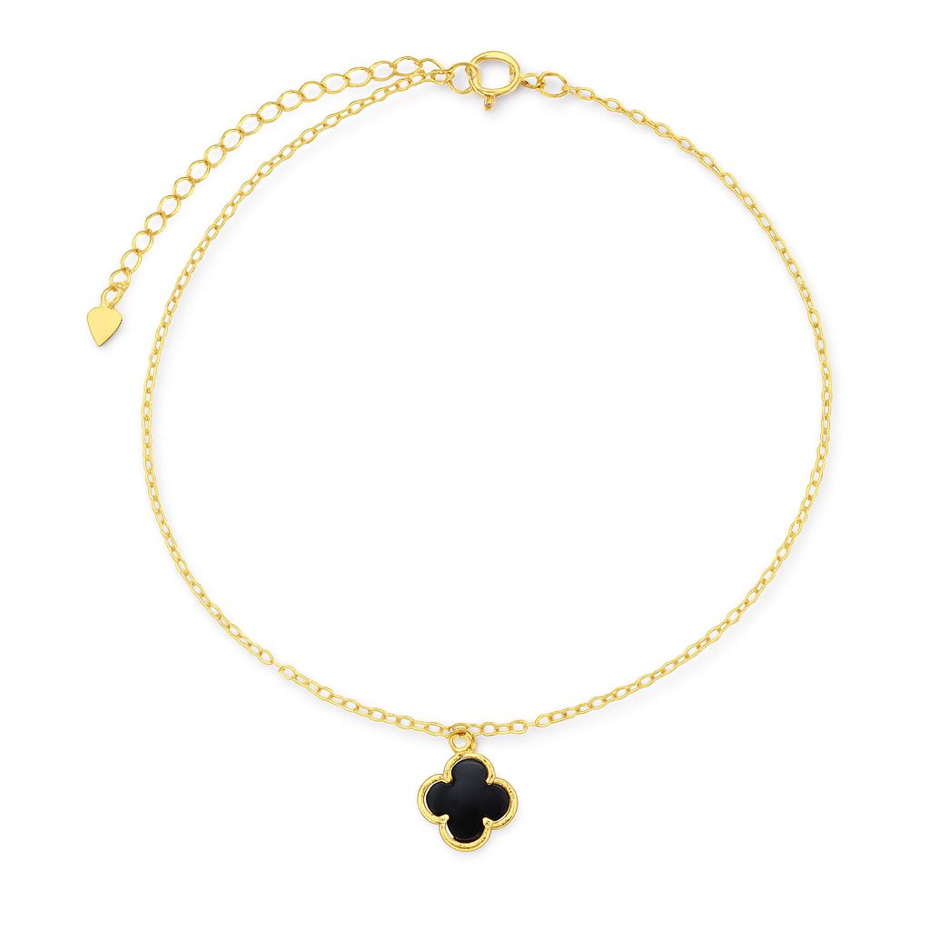 Tornozeleira com Pingente Trevo Preto 22cm Banhado a Ouro 18k