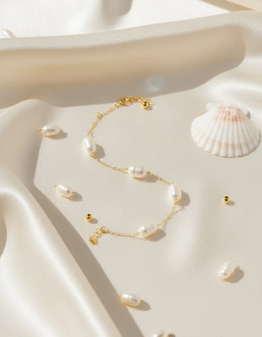 Pulseira Pérola Facetada 16cm + 5cm Banhada a Ouro 18k