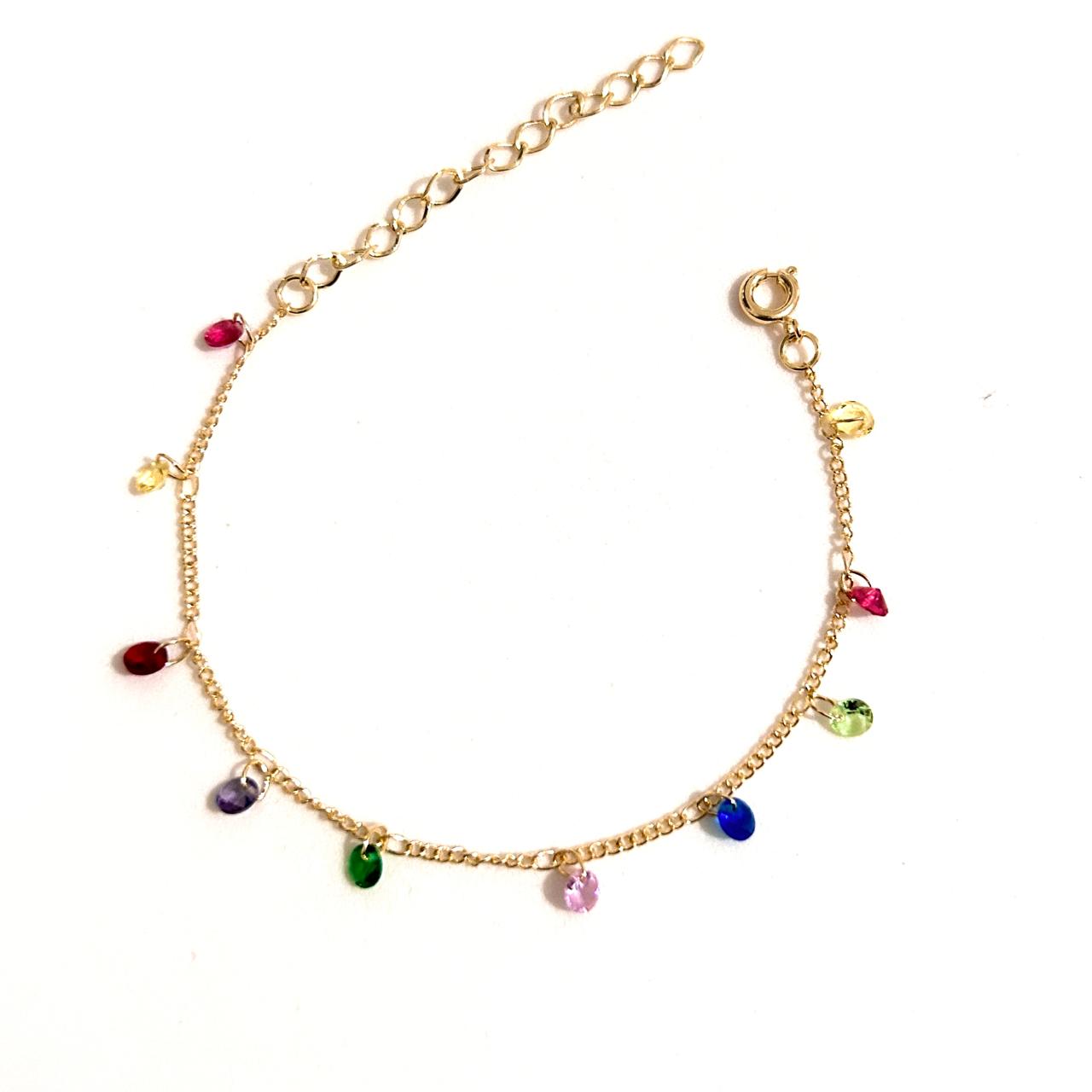 Pulseira com Cristais Coloridos 15cm + 5cm Banhada a Ouro 18k