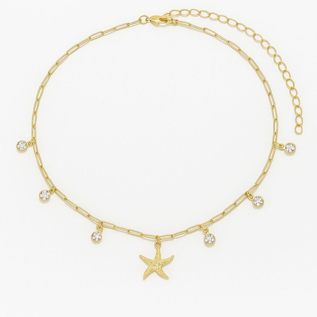 Choker Cartier com Estrela Cravejada em Micro Zircônias e Seis Pedras de Zircônia 33cm + 10cm  Banhado a Ouro 18k