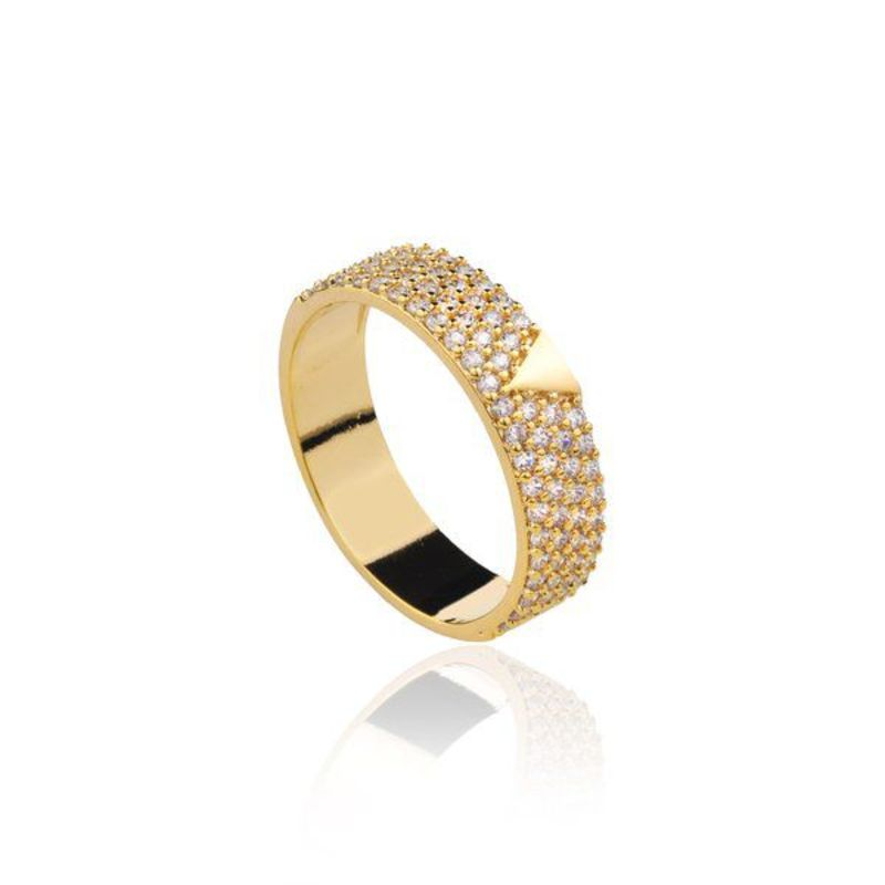 Anel Cravejado em Microzircônias e com Detalhe Triângulo Banhado a Ouro 18k