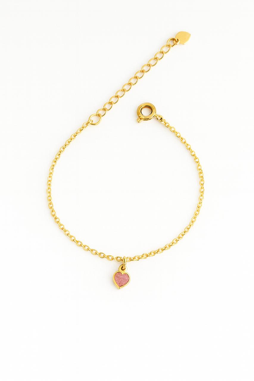 Pulseira Infantil com Pingente Coração Rosa 14cm + 3cm Banhado a Ouro 18k