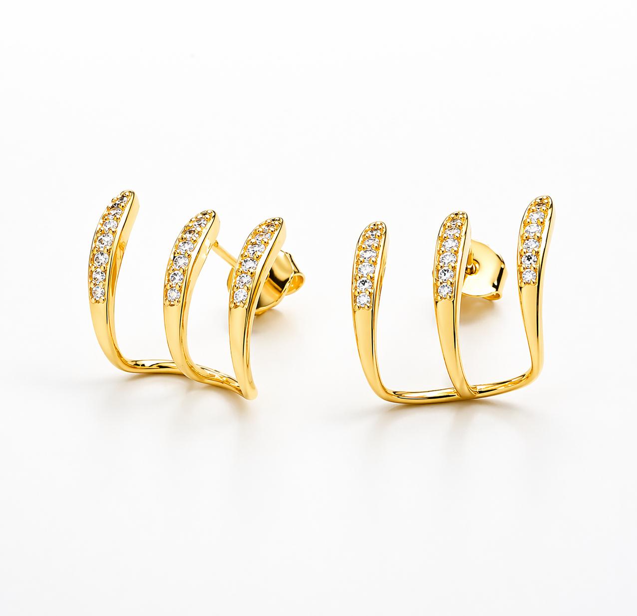 Brinco Ear Cuff Três Pontas Cravejadas em Micro Zircônias Banhado a Ouro 18k
