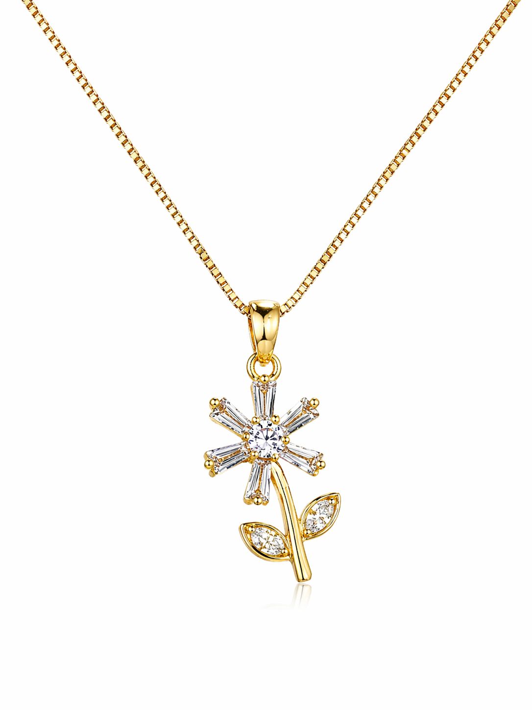 Colar Flor com Pétalas em Zircônias Baguetes e Micro Zircônias 45cm Banhada a Ouro 18k