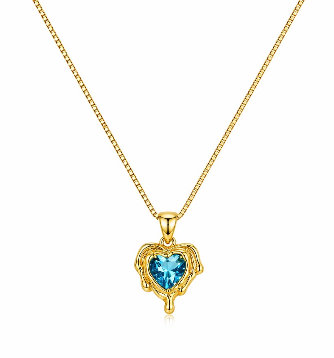 Colar Coração com Formas Orgânicas e Pedra Cristal Azul 45cm Banhado a Ouro 18k