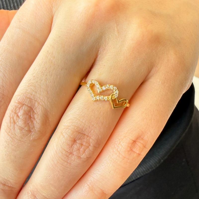 Anel Duplo Coração Liso e Cravejado com Zircônias Banhado a Ouro 18k