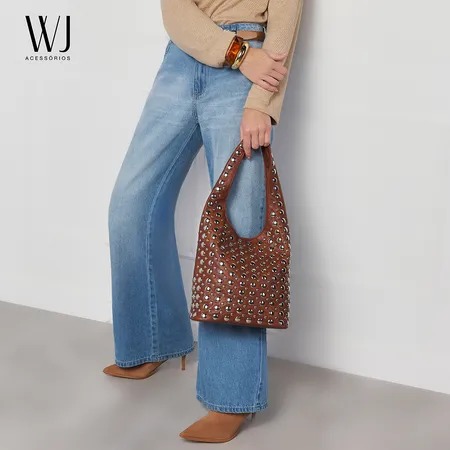 Bolsa Hobo Marrom WJ com Aplicações.