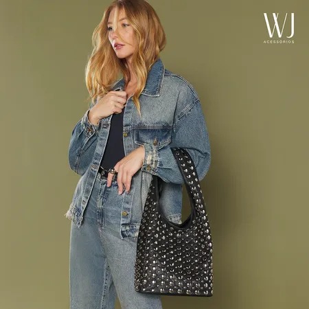 Bolsa Hobo Preta WJ com Aplicações.