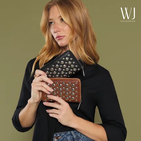 Carteira Media Preta Com Aplicacao Tachas