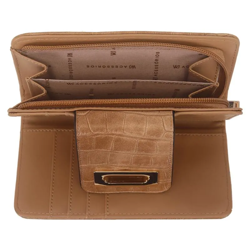 Carteira Média Croco com Fecho Caramelo