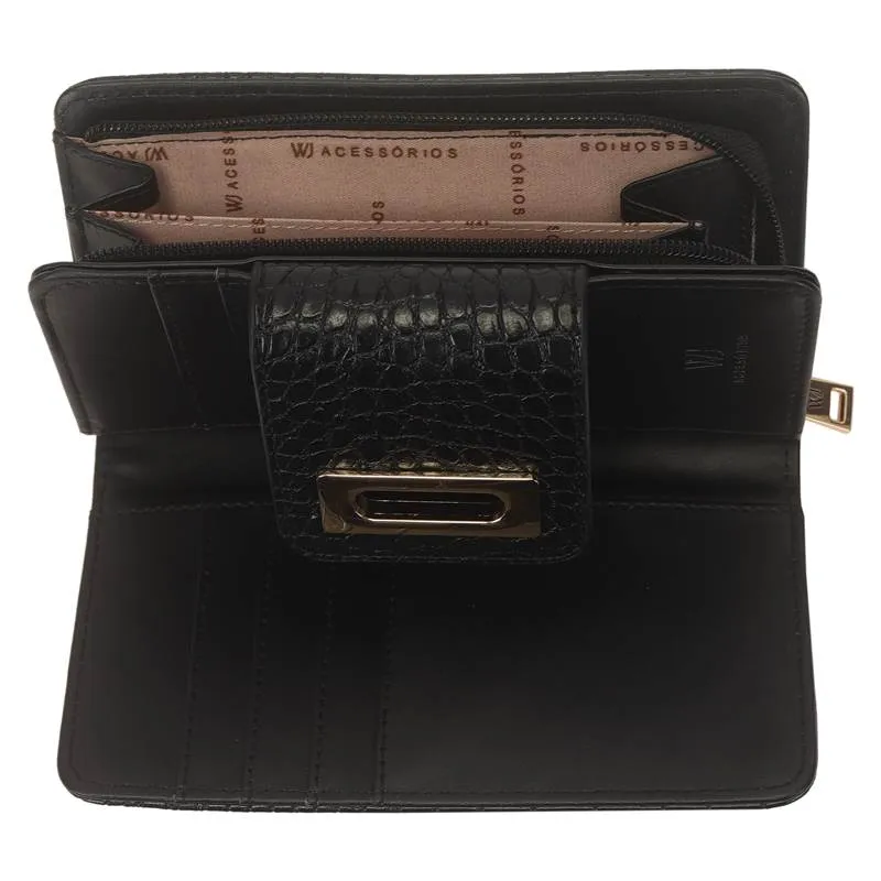 Carteira Média Croco com Fecho Preta