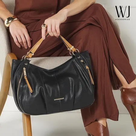 Bolsa WJ Hobo Bicolor com Zíperes Preta