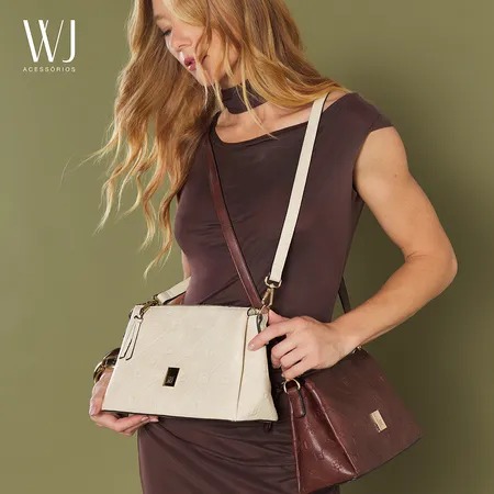 Bolsa Transversal Média Monograma Relevo WJ Bege