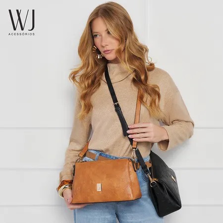 Bolsa Transversal Média Monograma Relevo WJ Caramelo