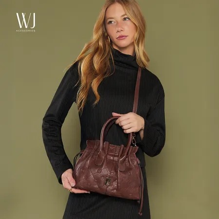 Bolsa Saco Média Monograma Baixo Relevo WJ Marrom Café
