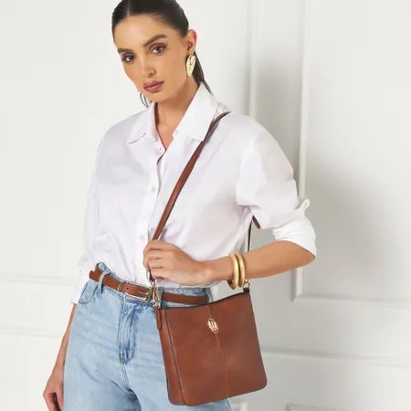 Bolsa Transversal Média Básica WJ Marrom Caramelo.