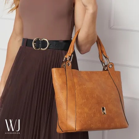 Bolsa Satchel Grande Monograma WJ - Caramelo