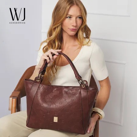 Bolsa Satchel Grande Monograma WJ - Marrom Café.