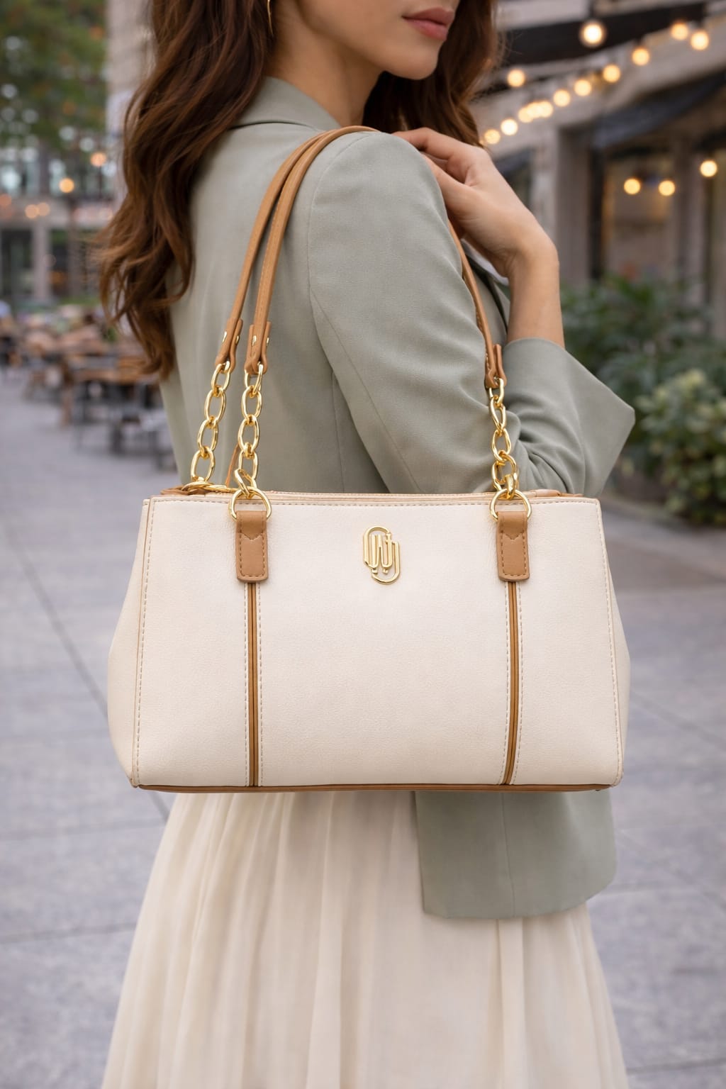 Bolsa Média WJ Elegance Bicolor  Off White com Marrom.