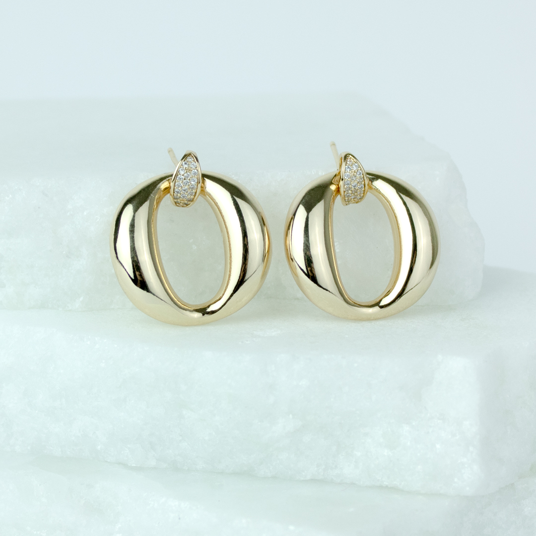 Conjunto Brinco e Pulseira Elos Redondos com Detalhes em Zircônia Banhado a Ouro 18k