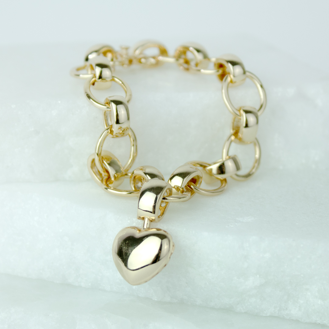 Conjunto Pulseira e Brinco Coração Liso Bojudo Elos Ovalados Banhado a Ouro 18k