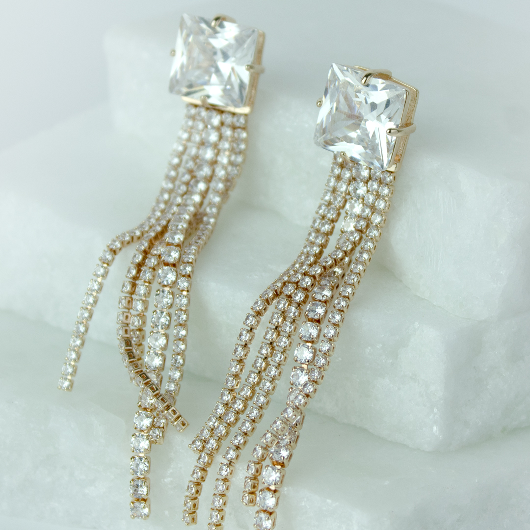 Brinco Base de Zircônia Quadrado e Franja Riviera de Cristal Banhado a Ouro 18k