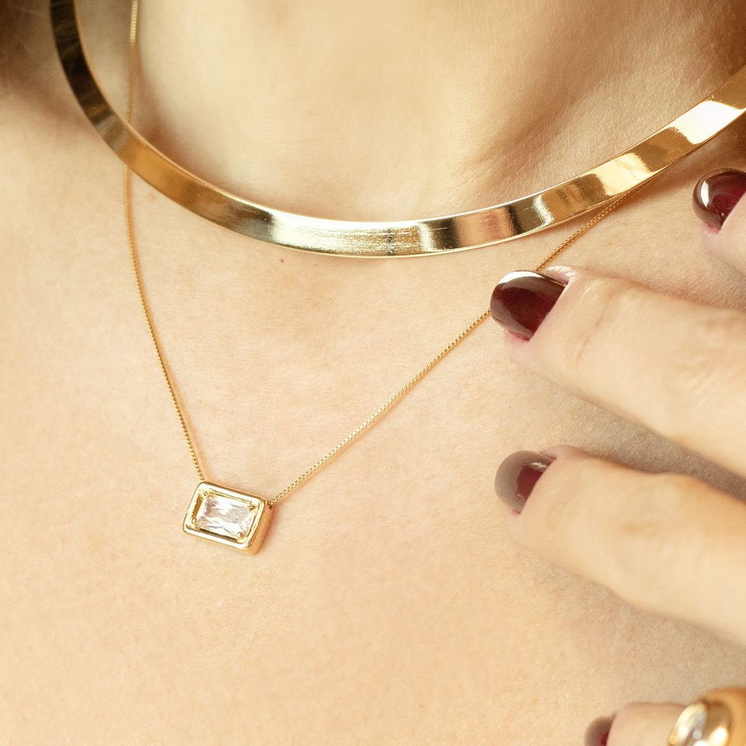 Conjunto Colar e Brinco Retangular com Zircônia Banhado a Ouro 18k