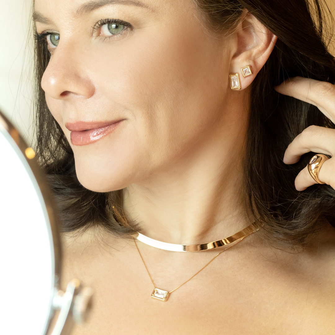 Conjunto Colar e Brinco Retangular com Zircônia Banhado a Ouro 18k