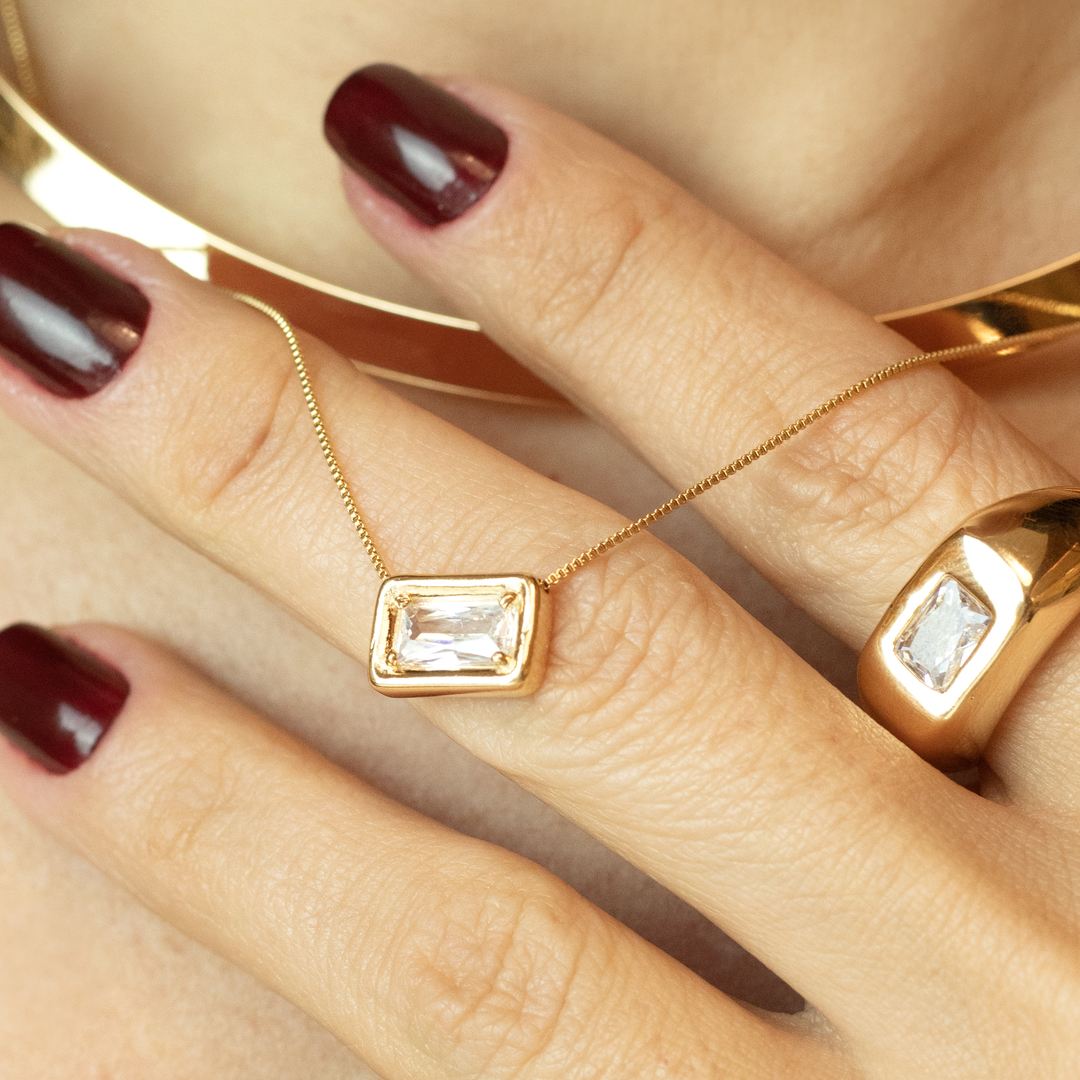 Conjunto Colar e Brinco Retangular com Zircônia Banhado a Ouro 18k