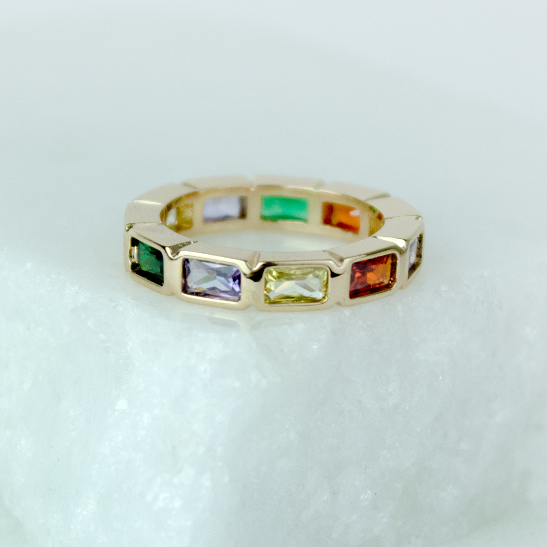 Anel Baguetado Colorido Banhado a Ouro 18k