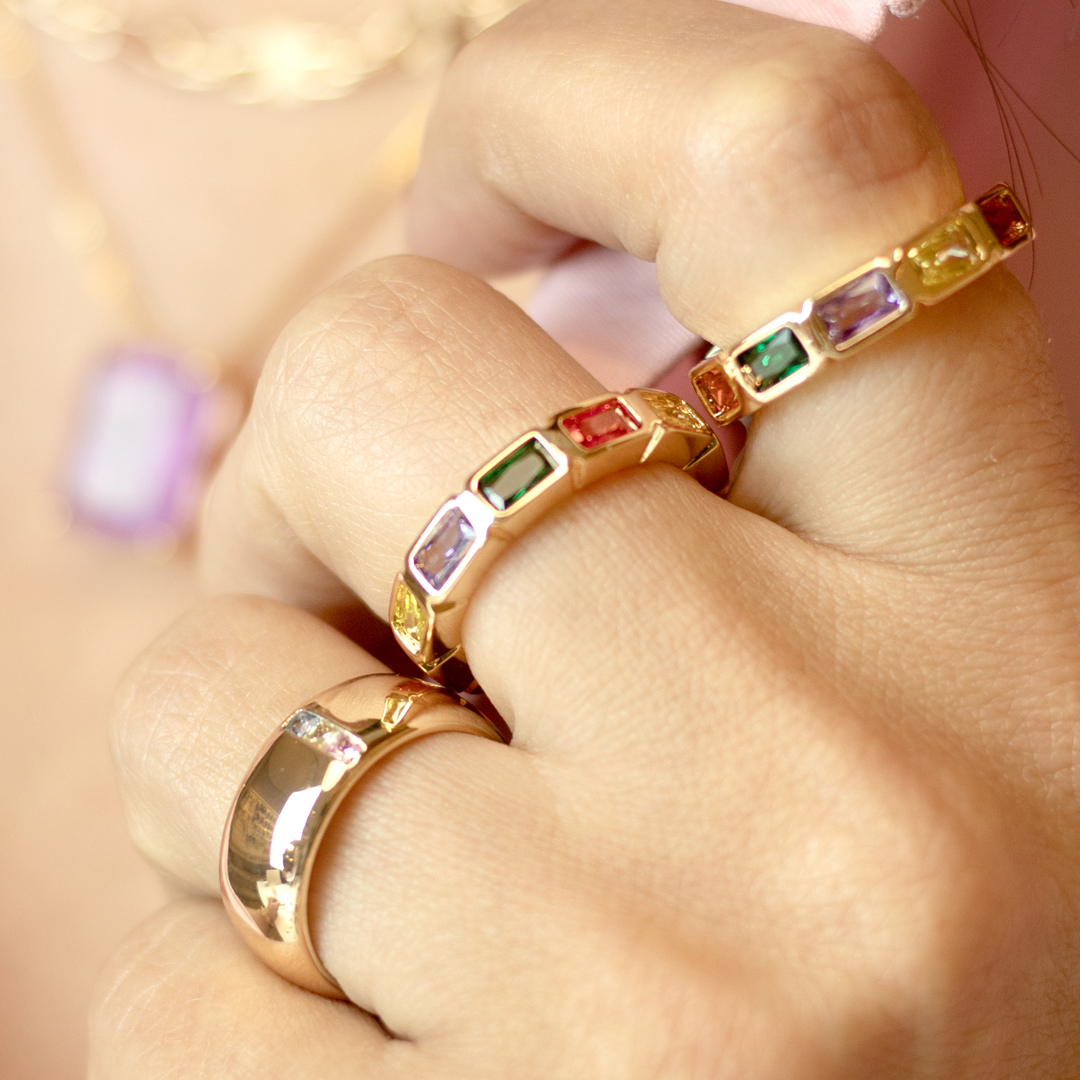Anel Baguetado Colorido Banhado a Ouro 18k