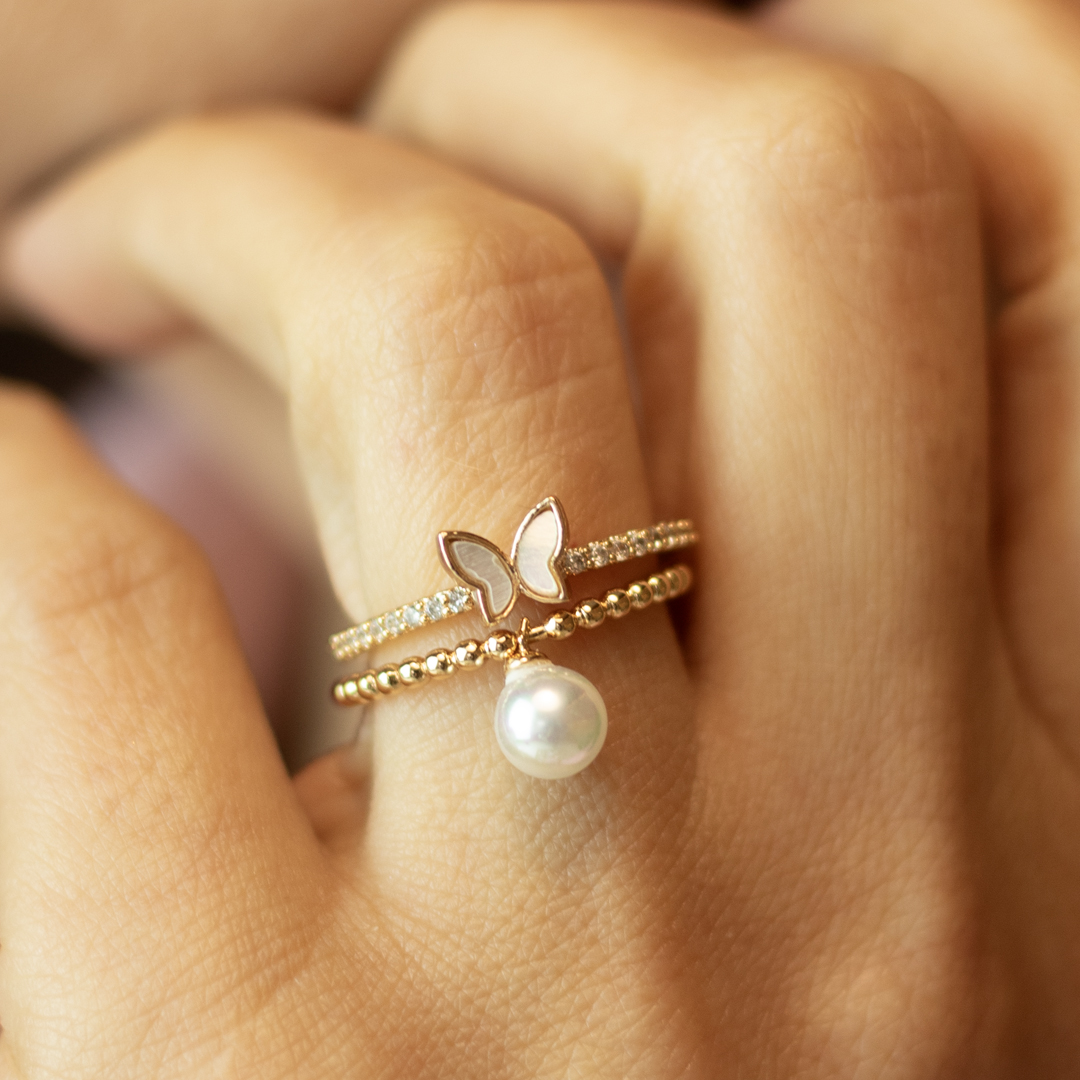 Anel de Bolinhas com Pingente Pérola Banhado a Ouro 18k
