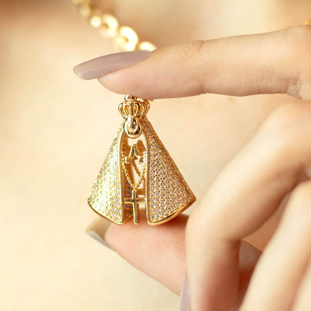Colar Nossa Senhora Dupla Face Cravejada Banhada a Ouro 18k