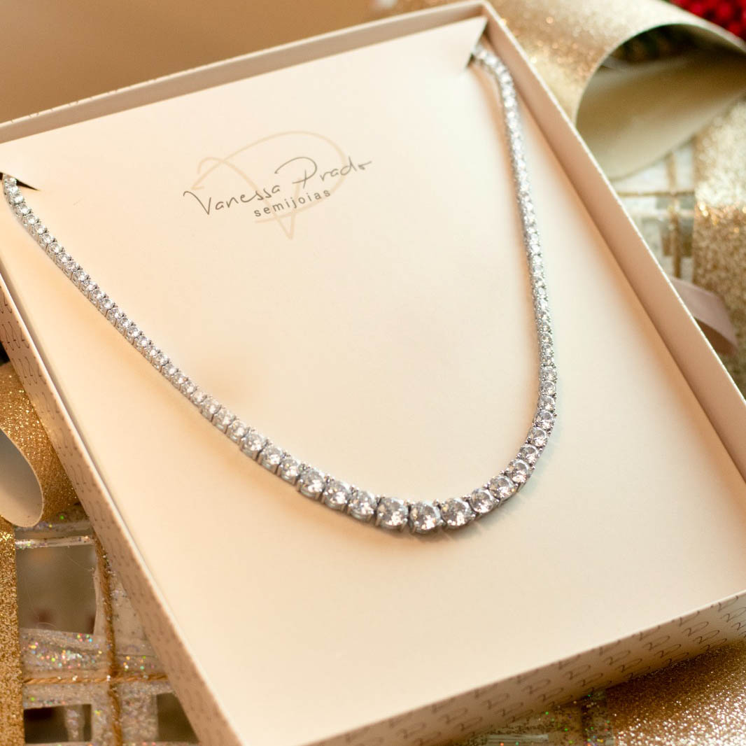 Colar Riviera Degrade Banhado no Ouro Branco