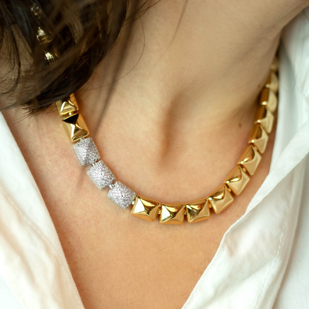 Conjunto Colar e Brinco Gomos Quadrados Lisos e Cravejados Banhado a Ouro 18k