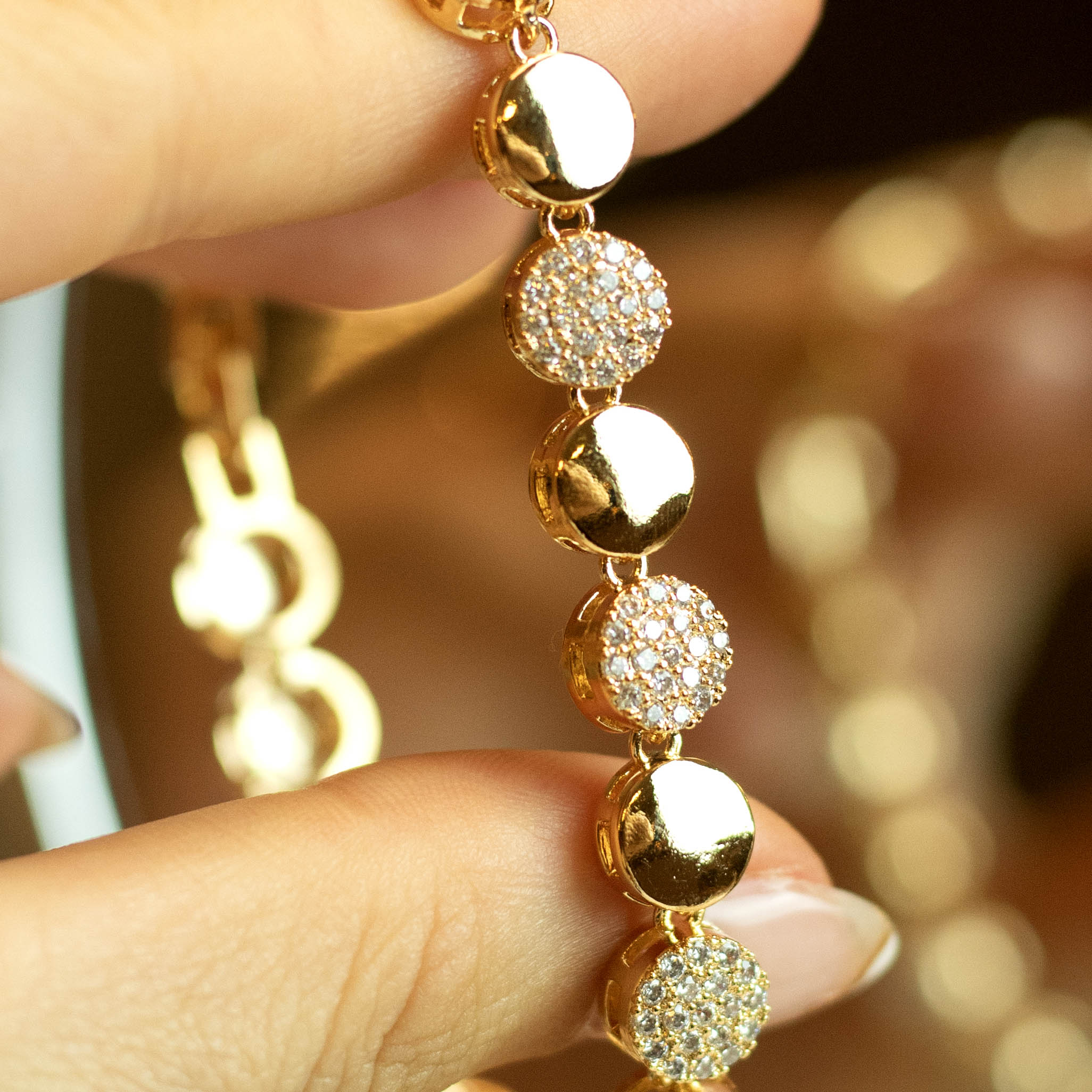 Conjunto Colar e Brinco Riviera Redonda Lisa e Cravejada Banhado a Ouro 18k