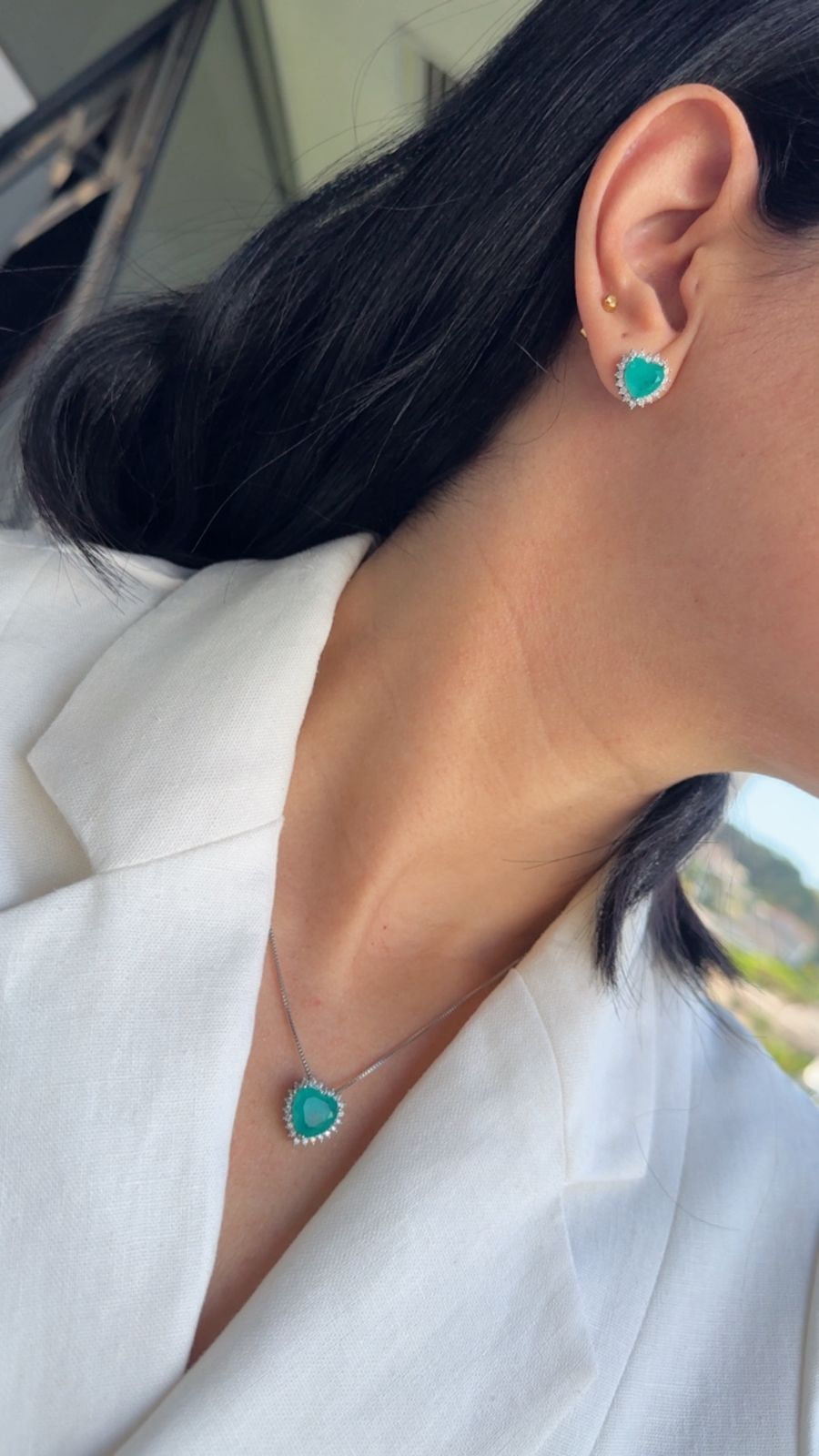 Conjunto Ródio Branco Coração Tiffany Cravejado