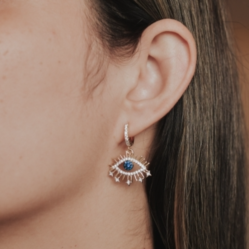 Brinco Olho Grego Articulado Azul com Aplique de Ródio