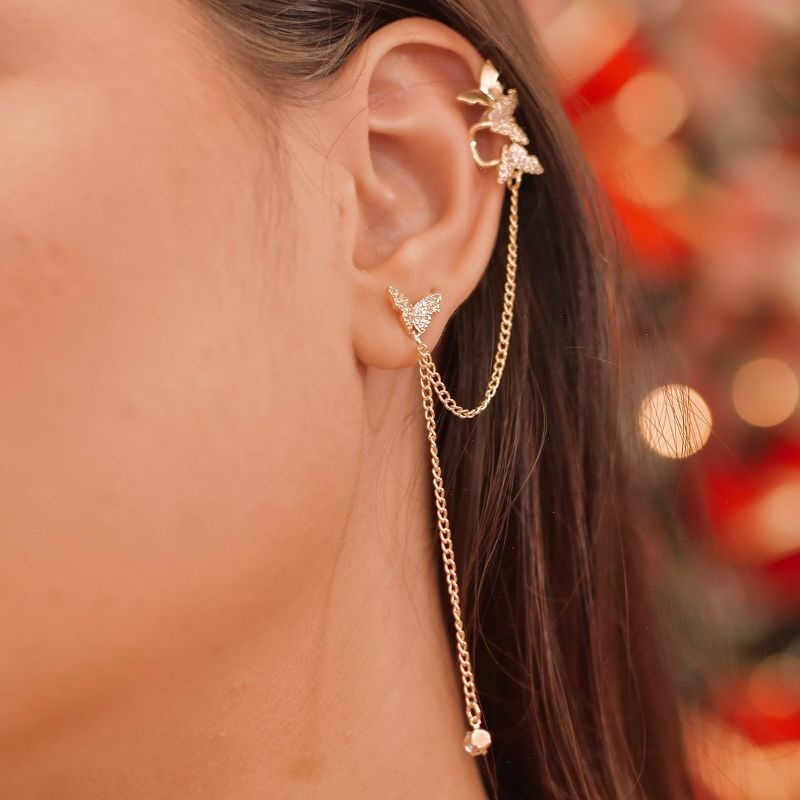 Brinco Borboleta Com Corrente Air Cuff Duplo