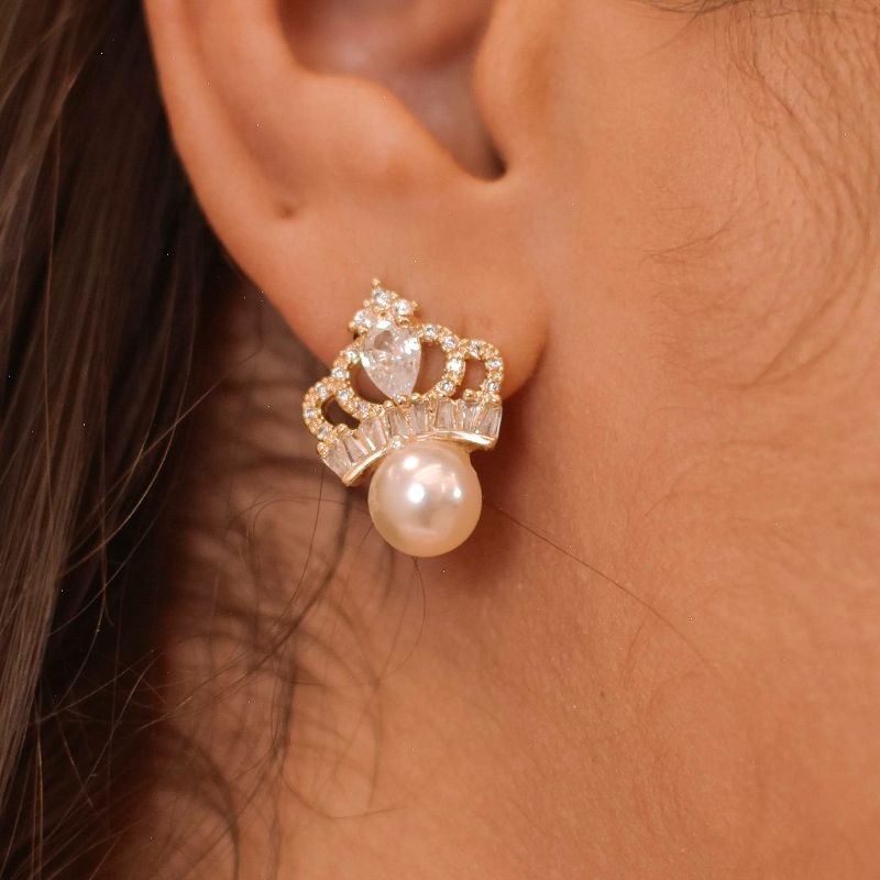 Brinco Luxo Coroa Cristal com Perola