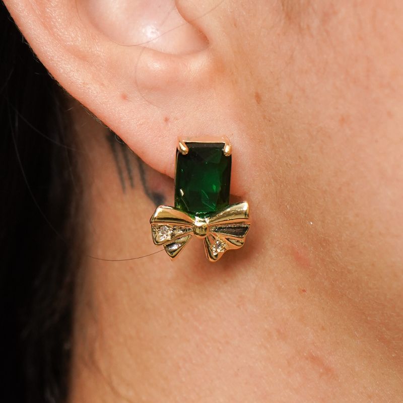 Brinco Laço Zircônia Retangular Verde Esmeralda