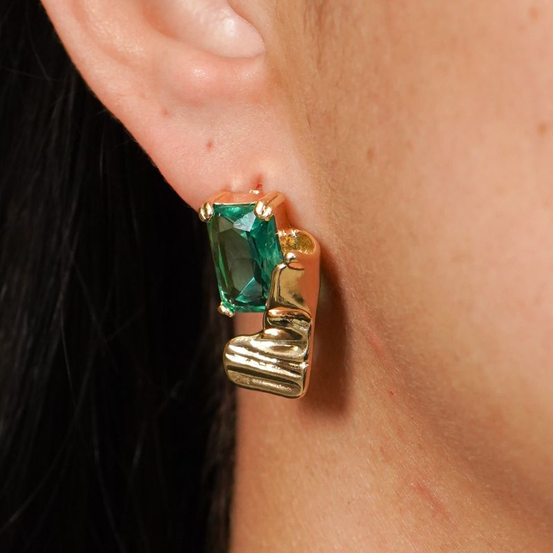 Brinco Retangular Luxo Pink/Verde Aba Martelada Grande