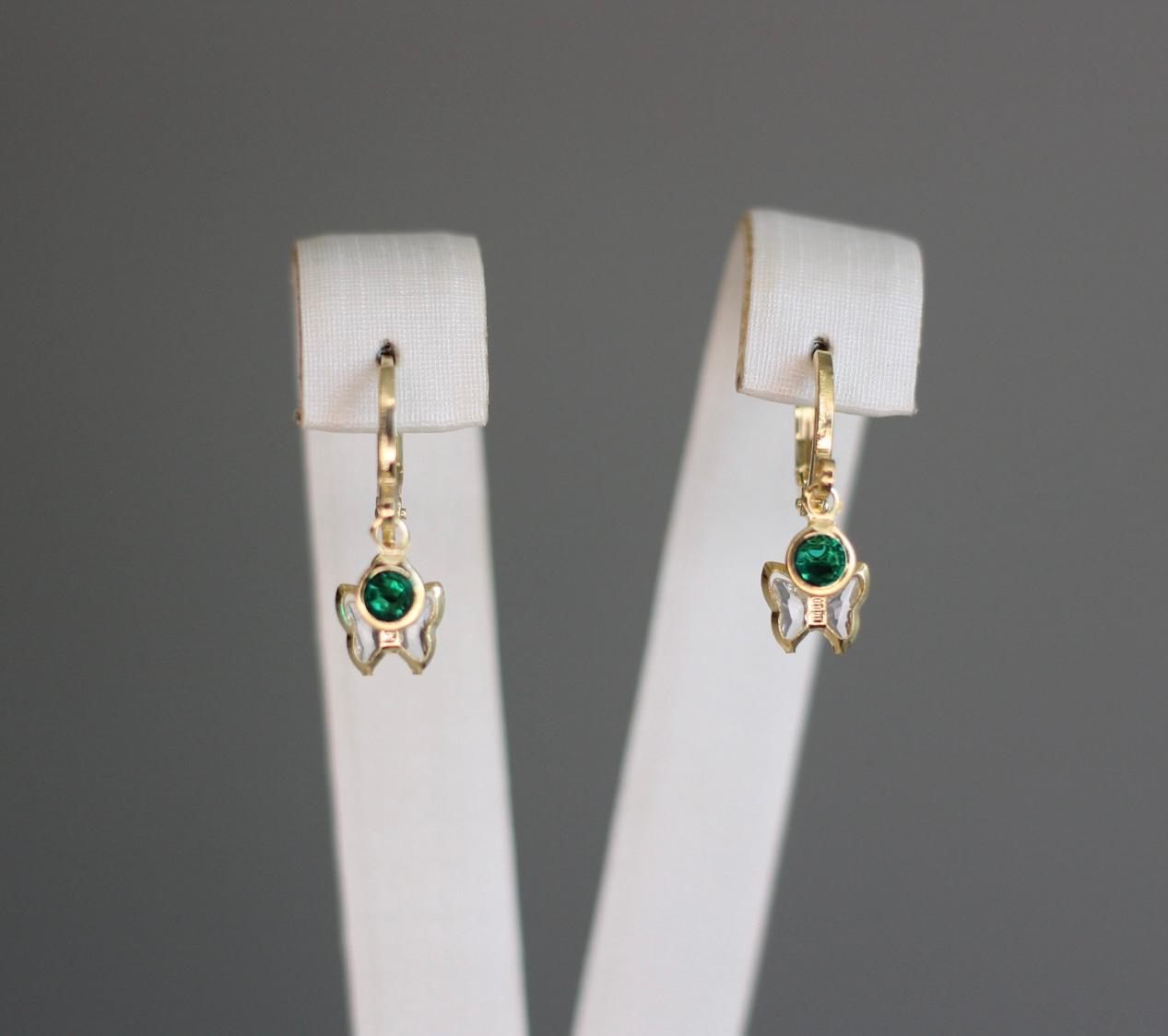 Brinco argolinha articulada borboleta cristal + zirconia verde