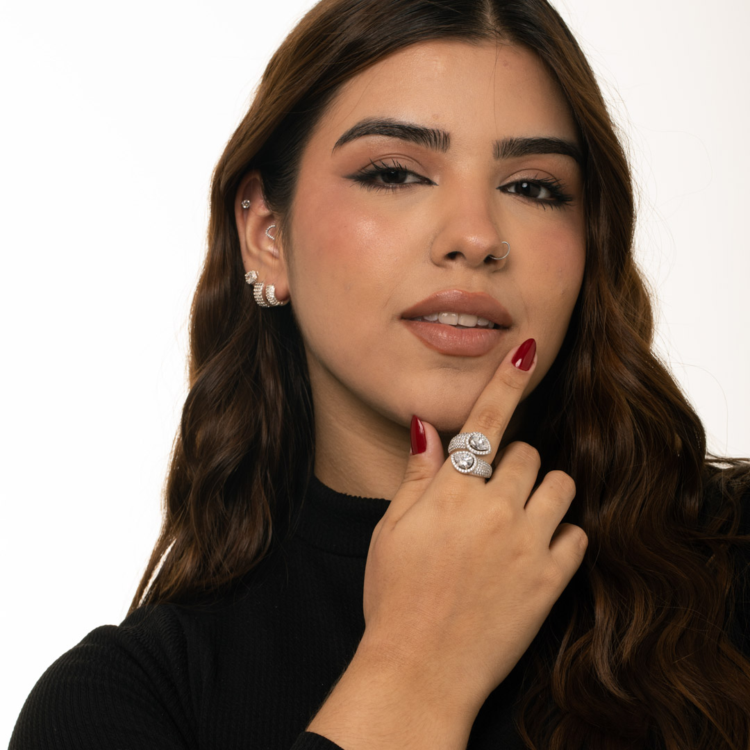 ANEL DUPLO CRAVEJADO 2 GOTA ZIRCONIA Nª18 - BANHADO A RÓDIO BRANCO