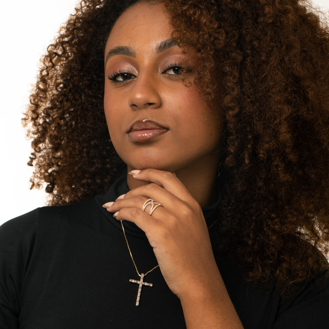 ANEL EM X LARGO COM MICRO ZIRCÔNIA CRISTAL Nº14 - BANHADO A OURO 18K