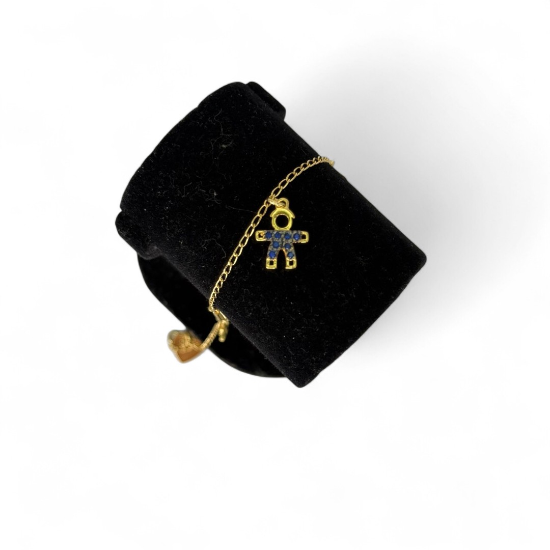 PULSEIRA GRUMET COM CORAÇÃO LISO E CASAL COM ZIRCONIA COLORIDA AZUL E PINK - BANHADO A OURO 18K