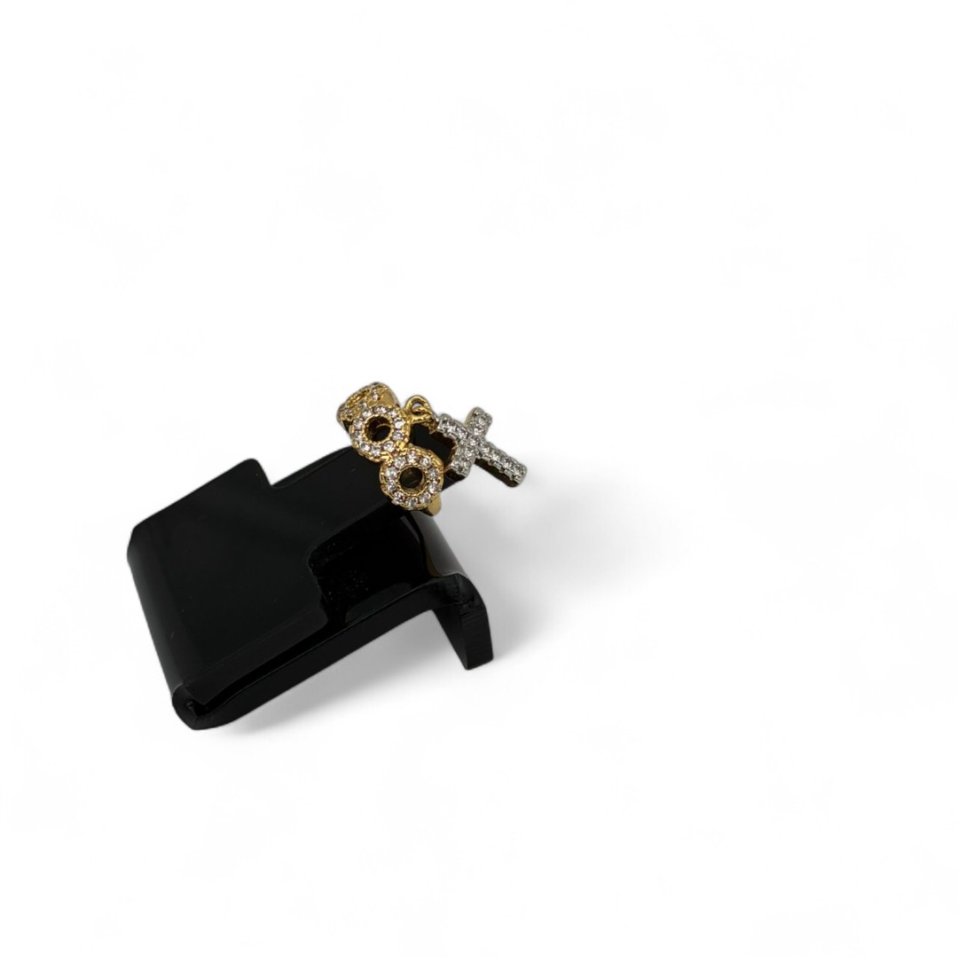 PIERCING FAKE COM 3 BOLINHAS DE ZIRCONIA  E CRUZ PENDURADA- BANHADO A OURO 18K