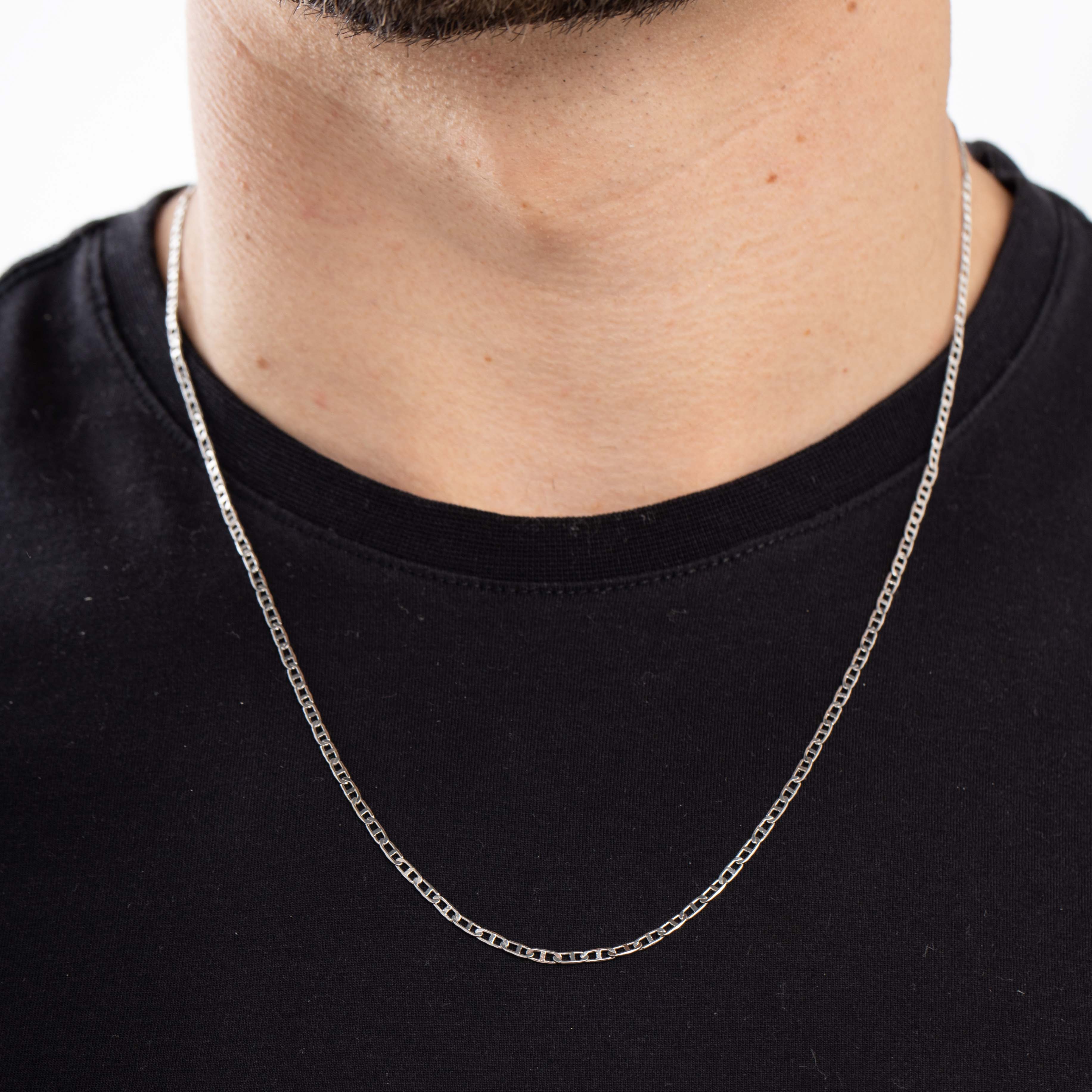 CORRENTE MASCULINA ELO TRAVESSINHA JUNTO MEDIO 60CM- BANHADO A RÓDIO BRANCO