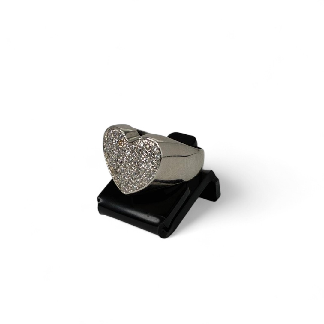 ANEL CORAÇÃO GRANDE RETO  CRAVEJADO ZIRCONIA CRISTAL- Nª22- BANHADO A RÓDIO BRANCO